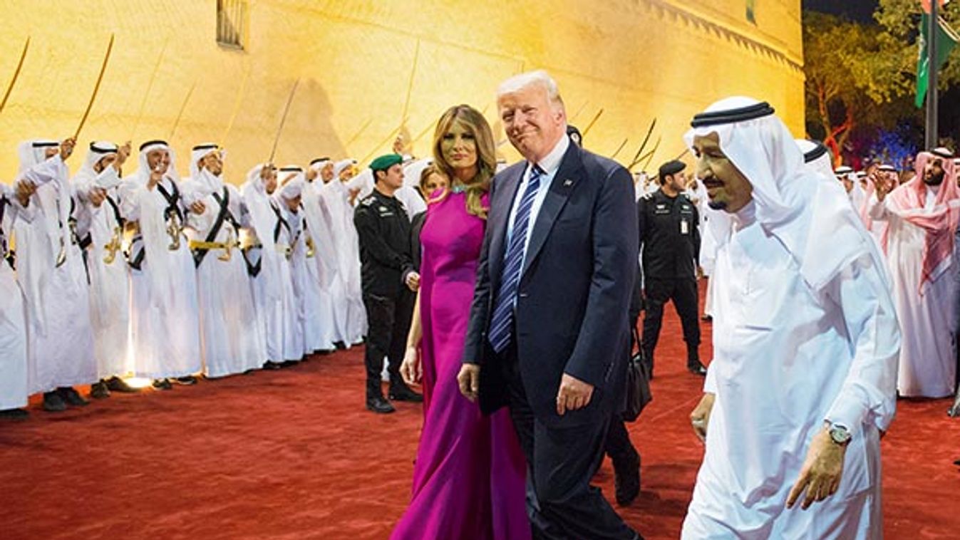 U.S. President Donald Trump and first lady Melania Trump are welcomed by Saudi Arabia's King Salman bin Abdulaziz Al Saud at Al Murabba Palace in Riyadh
