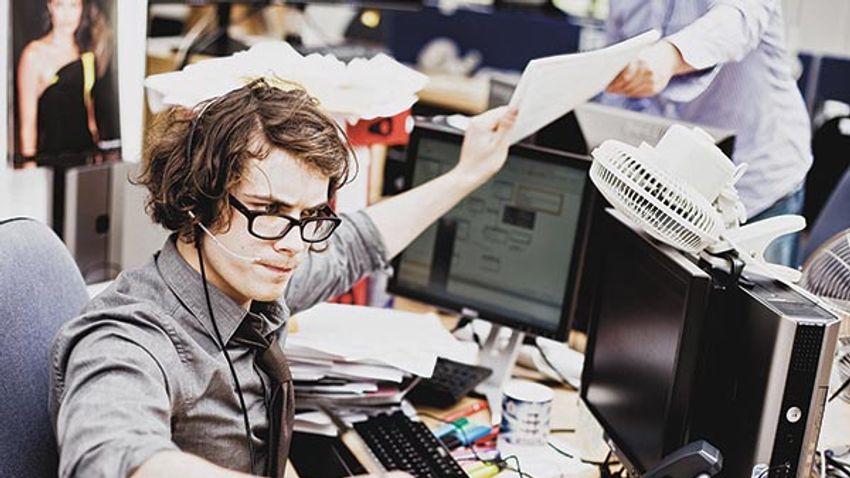young Call center office frustration stress work