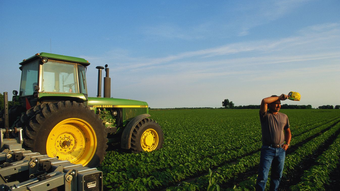 Soya bean farmer in field with tractor, wiping brow, Indiana, USA