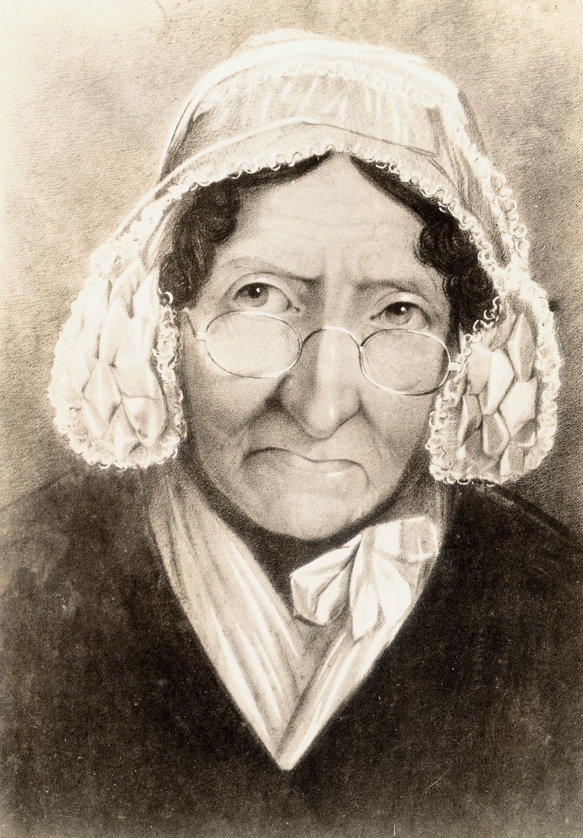 Portrait of Marie Tussaud Wearing Eyeglasses and Bonnet
