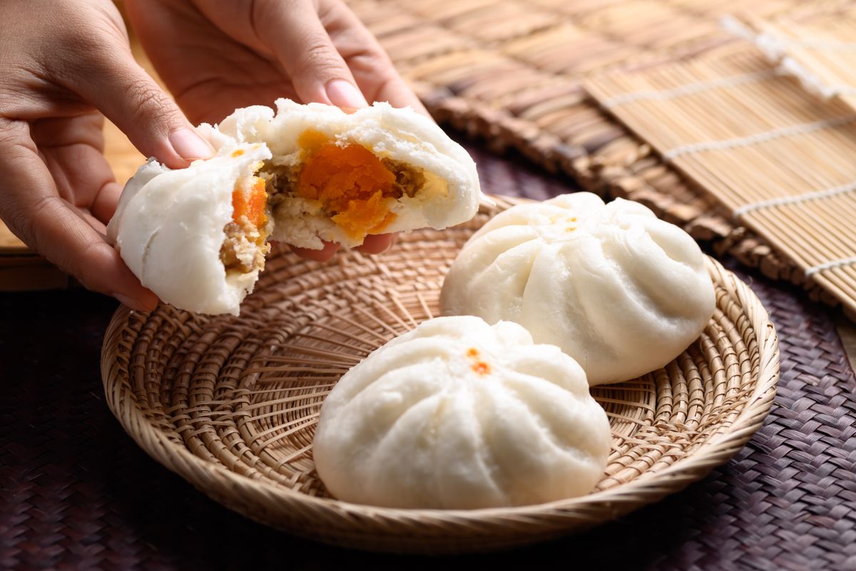 Steamed buns stuffed with minced pork and salted egg