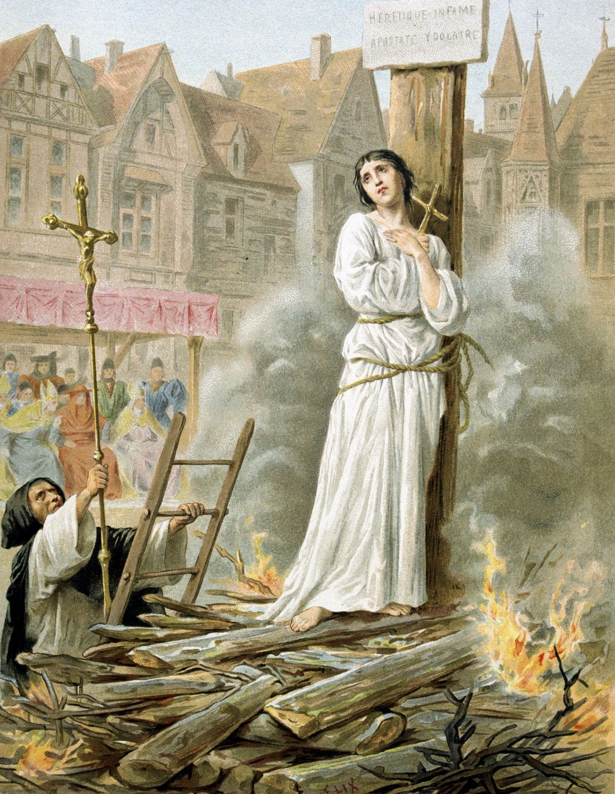 Joan of Arc (c1412-31) St Jeanne d'Arc, the Maid of Orleans, French patriot and martyr. Tried for heresy and sorcery and burnt at stake in market place at Rouen, 30 May 1431. 19th century chromolithograph.