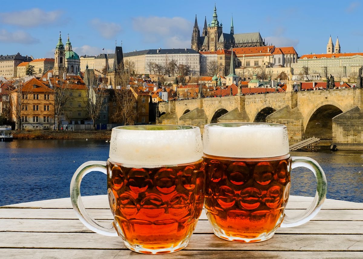 Two,Mugs,Of,Czech,Beer,On,Charles,Bridge