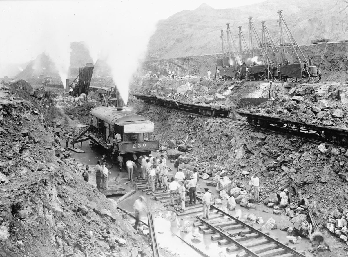 Steam Shovel Trains Excavate the Channel of the Panama Canal