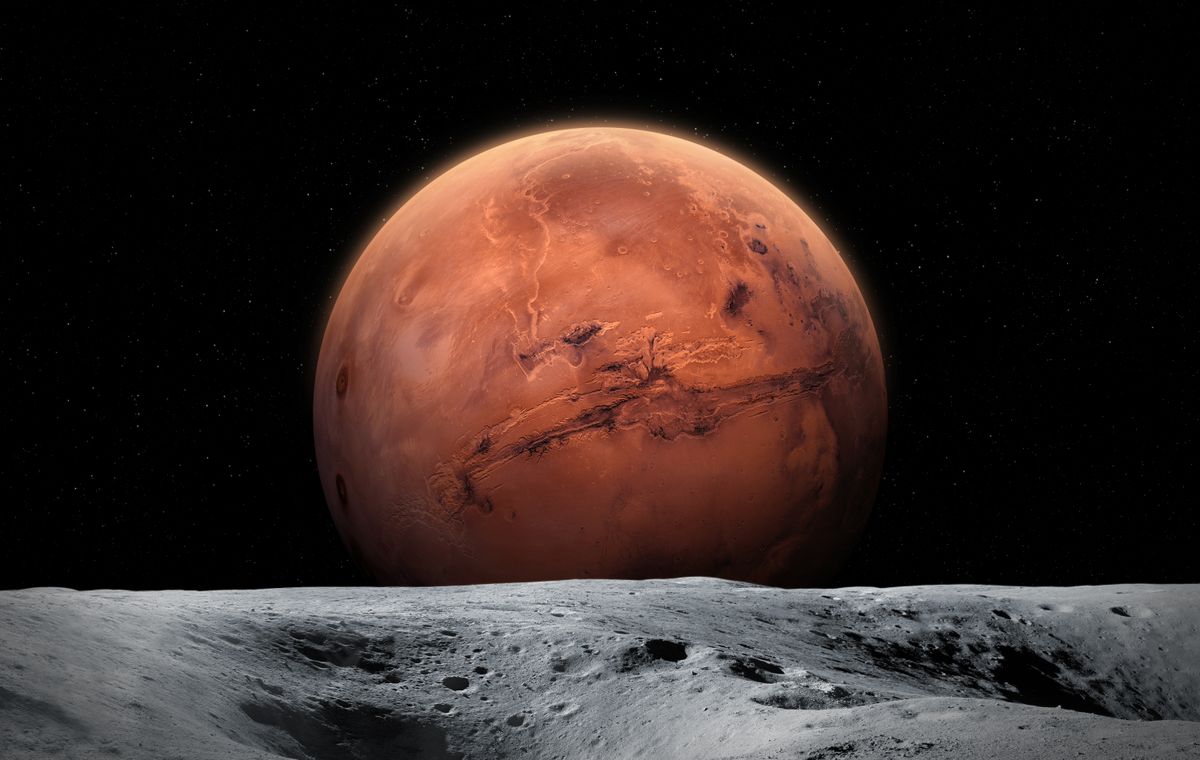 Moon,And,Red,Planet,Mars.,Moon,Surface,With,Craters.,View