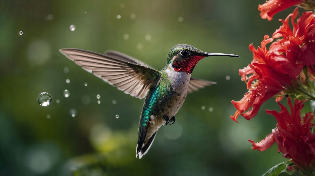 A,Vibrant,Hummingbird,Hovers,Near,Red,Flowers,,Water,Droplets,Suspended