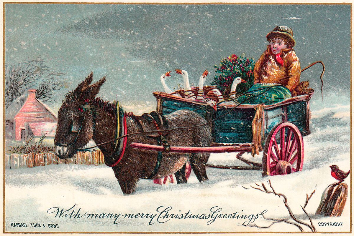 Man transporting six geese on a Christmas card