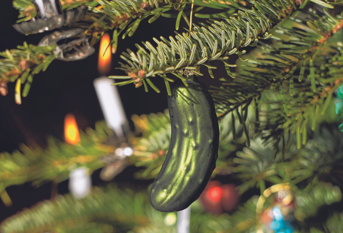 Decorated,Christmas,Tree,With,Hidden,Glass,Cucumber,Decoration,As,Lucky