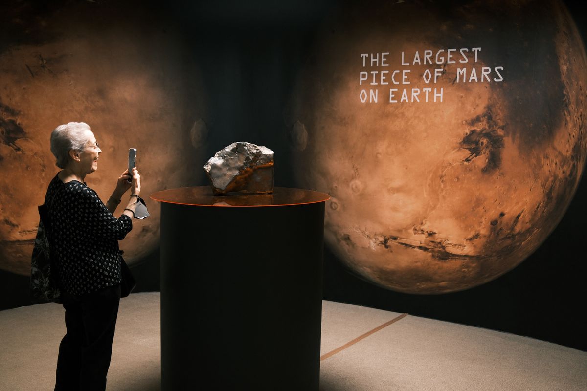 The 54-pound Martian meteorite NWA 16788 is displayed during a Sotheby’s auction preview.