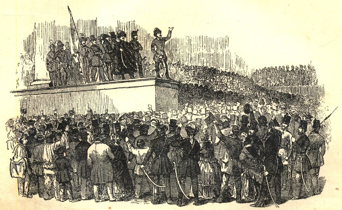 "Perczel Móric és Irinyi József fogalmazták a kátét, Jókai Mór olvasta fel a kávéházban március 15-én reggel, utána Petõfi Sándor a Nemzeti dalt s úgy mentek az egyetemre, ahol Petõfi az egyetemi ifjúságnak is elszavalja a nagyszerû költeményt. Innen indul az ifjúság ki az utcára, hol csakhamar tengernép verõdik össze s a Hatvani-, ma Kossuth  Lajos-utcában bemennek Länderer és Heckenast nyomdájába, ott lefoglalnak egy kis kézisajtót, azon kinyomatják a 12 pontot és a Nemzeti dalt : a szabad sajtó elsõ termékeit. Délután népgyûlést tartanak a Nemzeti Múzeum elõtt, ott Petõfi újra elszavalja a Nemzeti dalt, felolvassák a 12 pontot s a népgyûlés egyenesen a városházára tart : a városatyák is elfogadják a szabadság kátéját, sõt el is határozzák, hogy  részben a népbõl, részben a város tisztikarából választott  küldöttség útján terjesztik azt az országgyûlés elé; egyben a királyt megkérik, hogy Pestre népképviseleten alapuló országgyûlést hívjon össze."  (Forrás: http://mek.oszk.hu/13300/13331/)