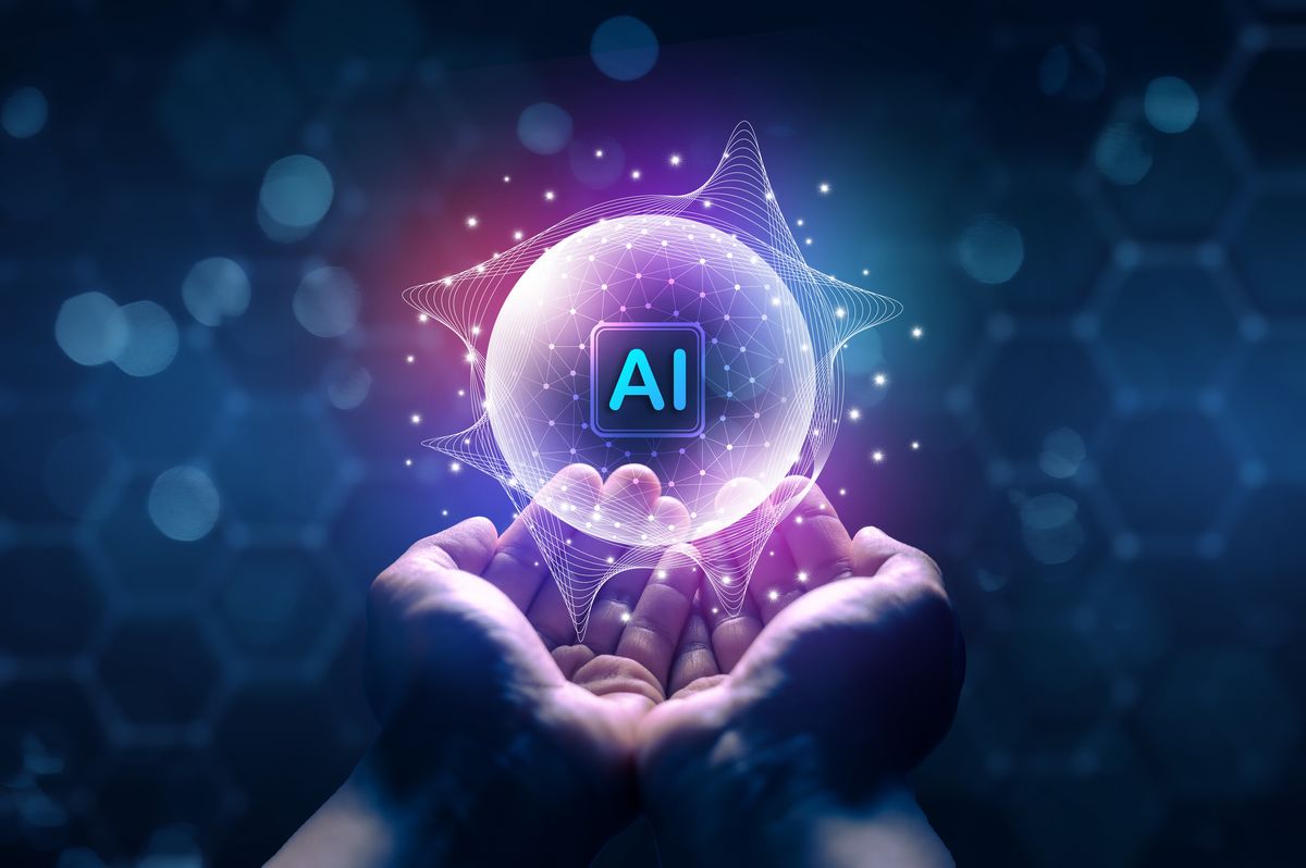 Human Hand Holding Artificial Intelligence Sphere in Digital Space Futuristic AI Concept with Glowing Network Sphere in Hand. Technology Innovation and Human Control of Artificial Intelligence AI Power in Human Hands Digital Transformation Concept. Artifi